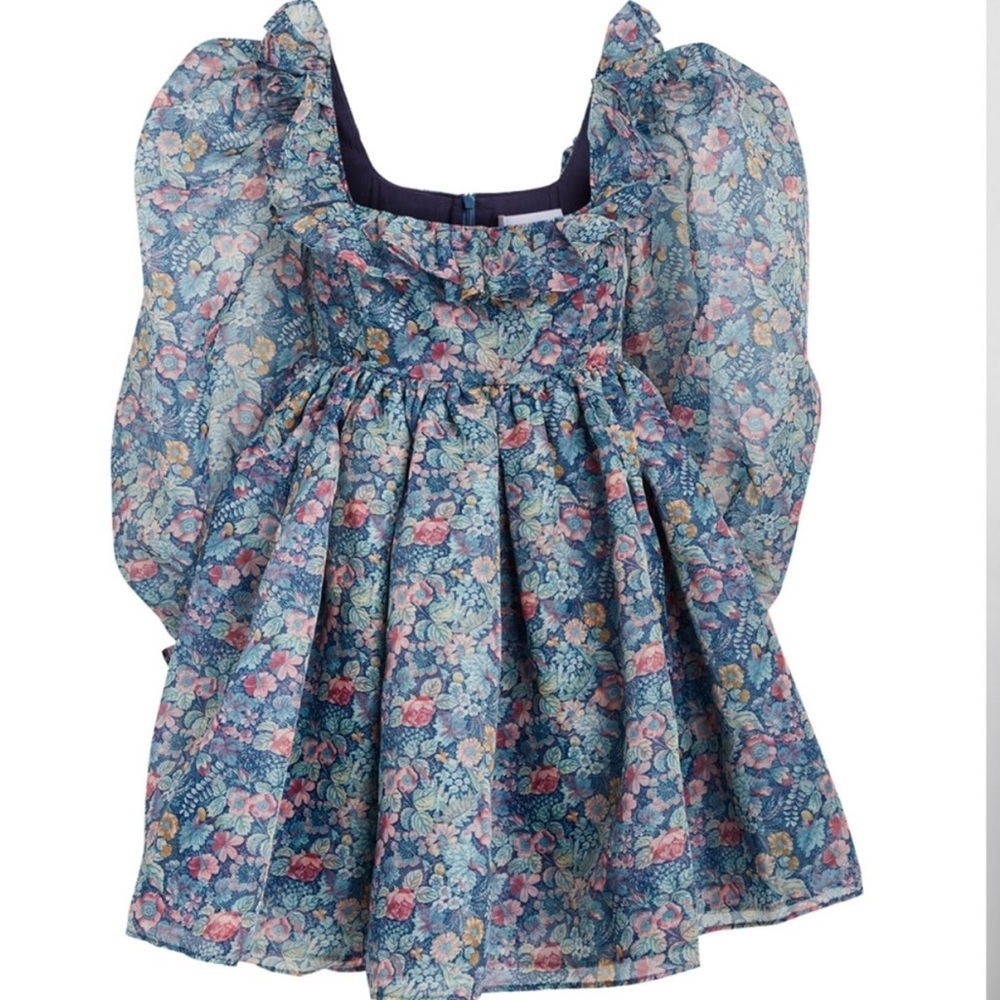 NWOT Selkie Mayfair Secret Garden Puff Sleeve Blue Floral Mini Dress Size XL - Picture 11 of 16